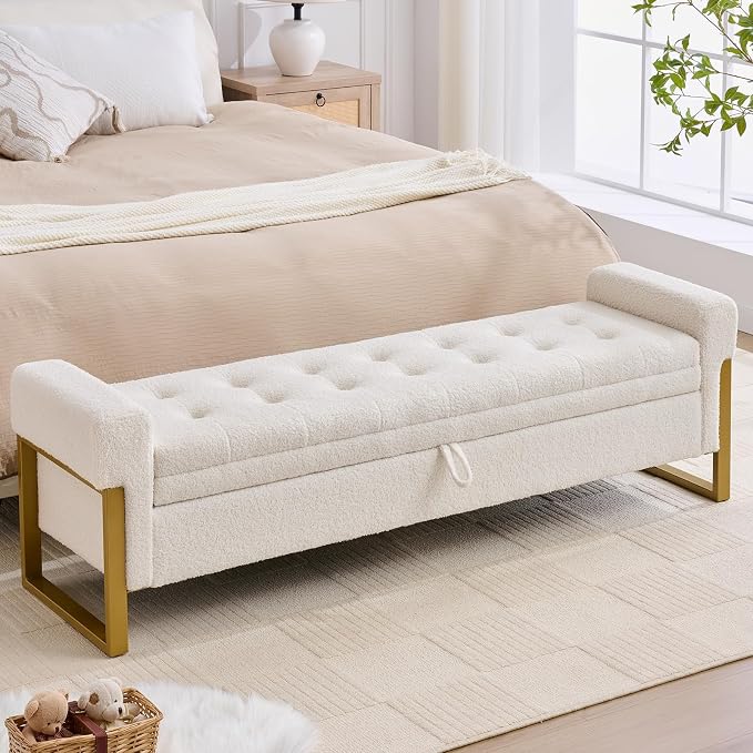 67" End of Bed Storage Bench King Size, Bench for Bedroom Foot of Bed, Upholstered Teddy Storage Ottoman with Gold Legs for Window Living Room, Teddy White