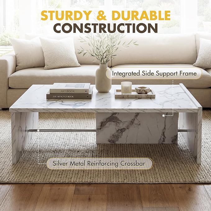 Hyfirm Faux Marble Coffee Tables for Living Room: Rectangular Modern Minimalist Coffee Table with Sturdy Frame Contemporary Accent Tables for Office Apartment Family Room Center Table (Marble White)