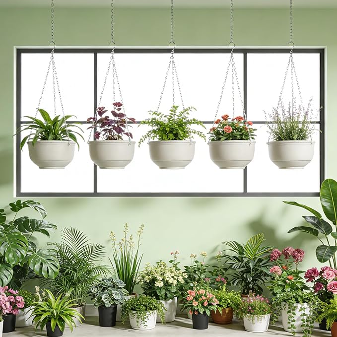 9 Inch Hanging Planter 2-Pack, Beige Hanging Flower Pots with Chains – Indoor Outdoor Hanging Baskets with Drainage Holes for Balcony, Patio, Garden & Small Space Decor