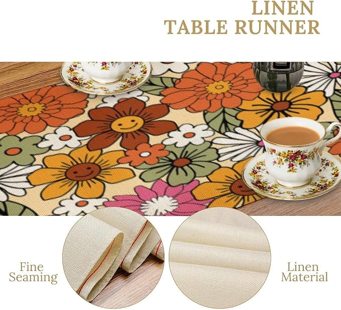Vintage Floral Table Runner Boho 70s Style Retro Daisies Flower Hippie Groovy Funny Pattern Dinner Runner for Home Kitchen Dining Table Party Holiday Decor 13"x36"