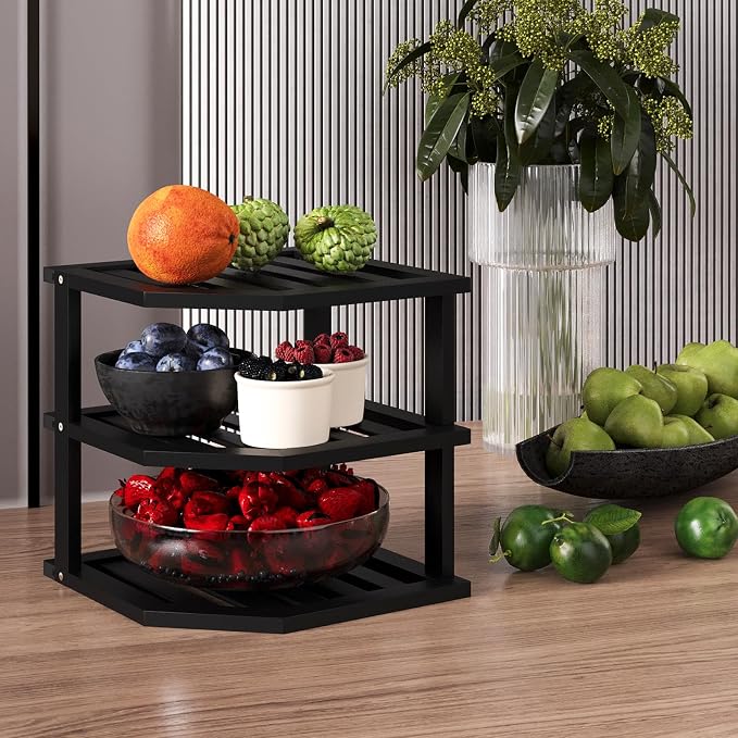 VERTORGAN 3 Tier Bamboo Corner Shelf,Dish Drying Rack,Plate Organizer,Kitchen Spice Rack for Countertop and Cabinet(Black)