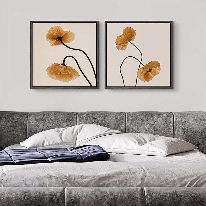 SIGNFORD Framed Canvas Print Wall Art Set Minimal Floral Poppy Soft Beige Botanical Modern Art Relax/Calm for Living Room, Bedroom, Office - 16"x16"x2 BLACK