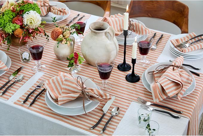 Solino Home Table Runner 144 Inches Long - Amalfi Stripe, 100% Pure Linen Pumpkin and Natural Table Runner 14 x 144 Inch for Dining