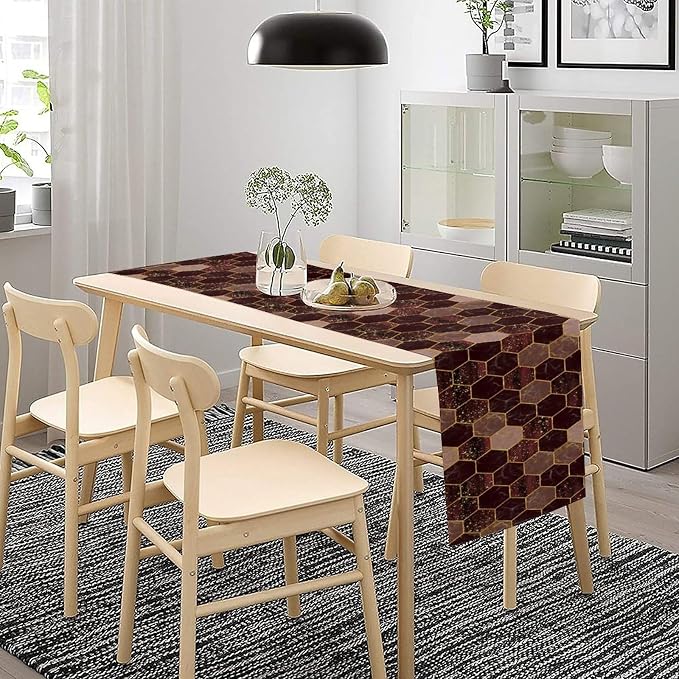 Hexagon Marble Table Runner, Luxury Wine Red Abstract Geometry Gold Accent Table Runner for Kitchen Dining Home Party Wedding Decor, 13x90 Inch