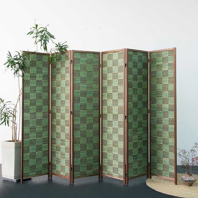 Furnnylane 6 Panel Room Divider Screen and Folding Panel Screen,Double Sided Bamboo Divider for Room Separation,Emerald Square,67" H x 94.5" W