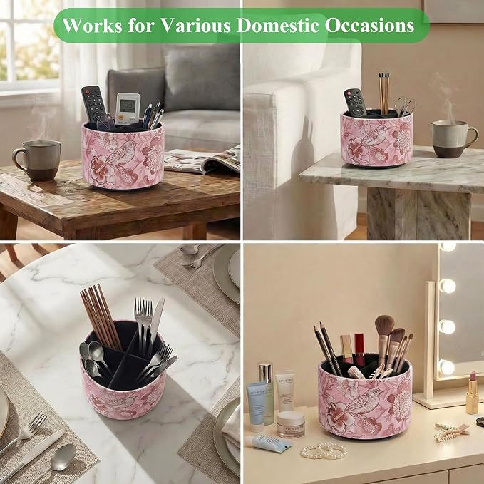 Round Leather Art Supply Organizer,Remote Control Holder,360 Degree Spinning,Multi-Functional Pencil Holder,4 Compartments Desktop Stationary Organizer(1-Pink Bird)