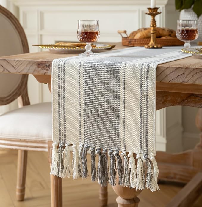 Caflife Boho Table Runner Natural Stripe for Modern Farmhouse Coffee Table Decor, Rustic Woven Runner with Handcrafted Tassels for Home Dining Table décor 13 x 90 Inch Long