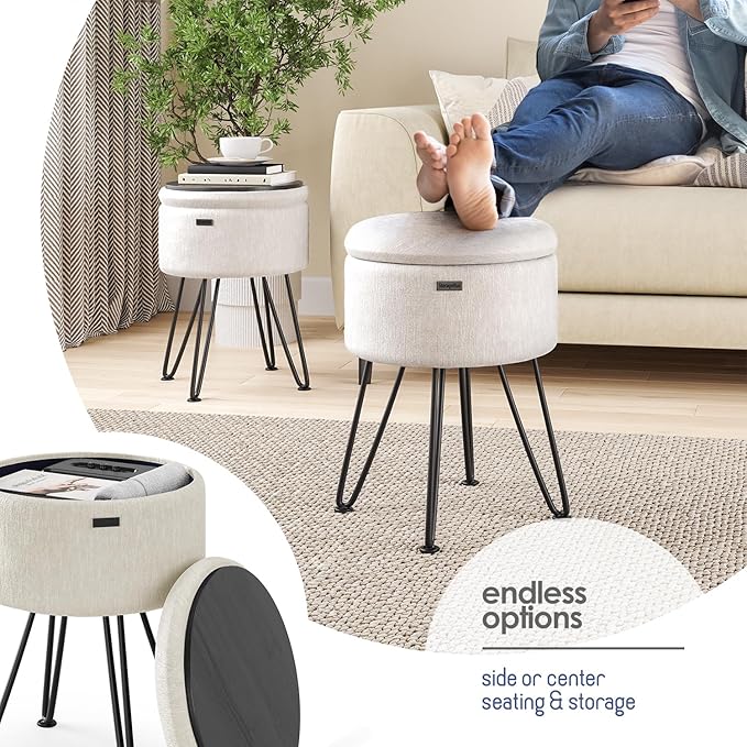 Round Ottoman with Storage, Textured Velvet Storage Ottoman, Foot Stool Ottomans, Makeup Vanity Stool, Small Ottomans Foot Rest, Modern Vanity Stools for Living Room and Bedroom, Cream