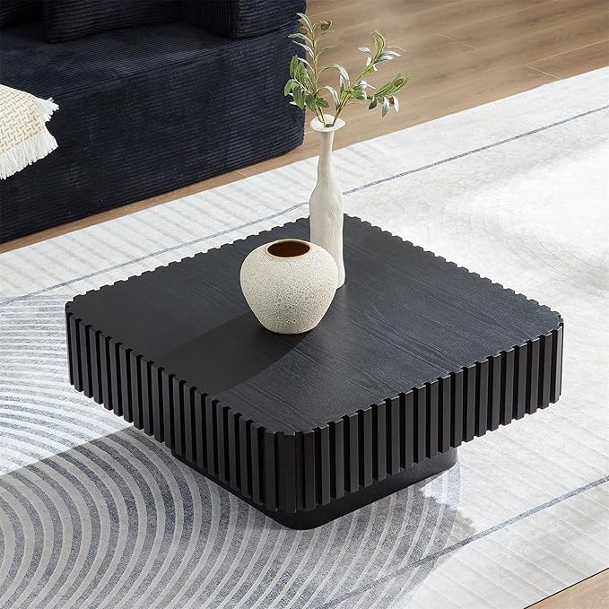 LKTART Square Coffee Table for Living Room, Accent Fluted Coffee Table with Storage, Modern Solid Wood Veneered Large Center Tea Table for Small Space Apartment (35.4''D×16''H-Black)