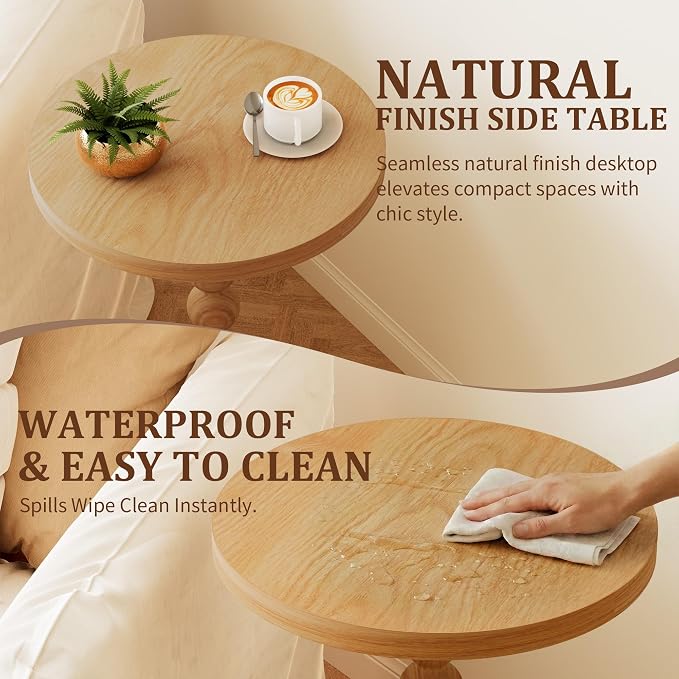 Round Side Table, Drink Table for Small Spaces, Modern Accent Nightstand with Rubberwood Leg for Living Room, Bedroom, Corners, and Office (2, Dark Natural)