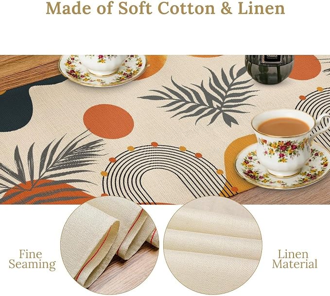 YCness Boho Leaf Table Runner, Mid Century Modern Minimalism Palm Tropical Leaf Table Runner for Living Room Bedroom Kitchen Laundry Room Abstract Geometric 13x60 Inch, Orange