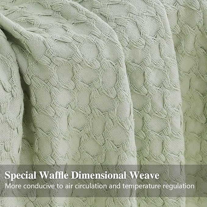 Simple&Opulence 100% Cotton Throw Blanket for Couch, Bed, Waffle Weave Knit Blanket with Tassels, Soft Lightweight Pre-Washed Breathable Comfy Blanket Farmhouse Decor for All-Season(Sage Green)