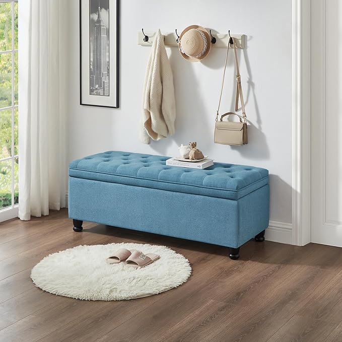 Upholstered Modern Upholstered Storage Ottoman Bench with Arms, 45" End of Bed Bench for Entryway, Bedroom, Living Room,Light Blue