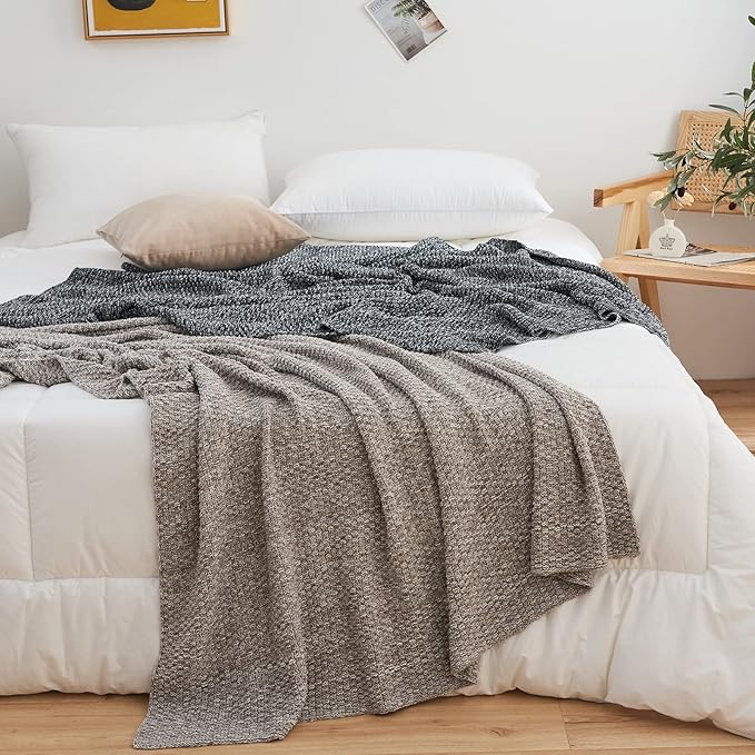 Longhui bedding 100% Cotton Knitted Throw Blanket – Light Grey, Soft & Cozy, Machine Washable, 51"x63" – Perfect for Living Room, Couch, Sofa, Bed or Travel
