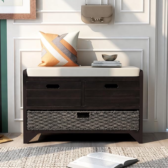 SOFTSEA Storage Bench Upholstered Storage Ottoman with Removable Basket and 2 Drawers, Farmhouse Shoe Bench with Seat Cushion, Full Assembled, Espresso
