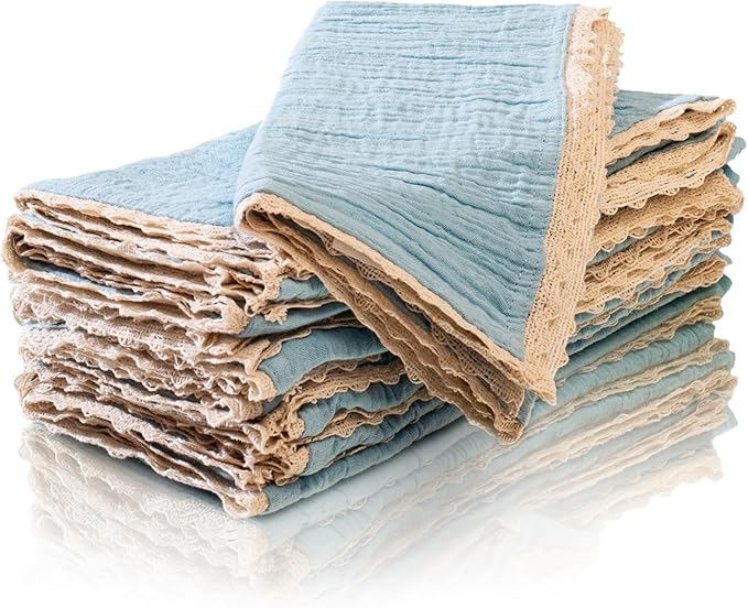 FINGERCRAFT Dinner Cloth Napkin Cotton Muslin Double Gauze 4 Pack with Classic Lace for Everyday Use, Wedding, Party, Christmas, Easter Napkins Cloth are Pre Shrunk and Good Absorbency Aqua Marine