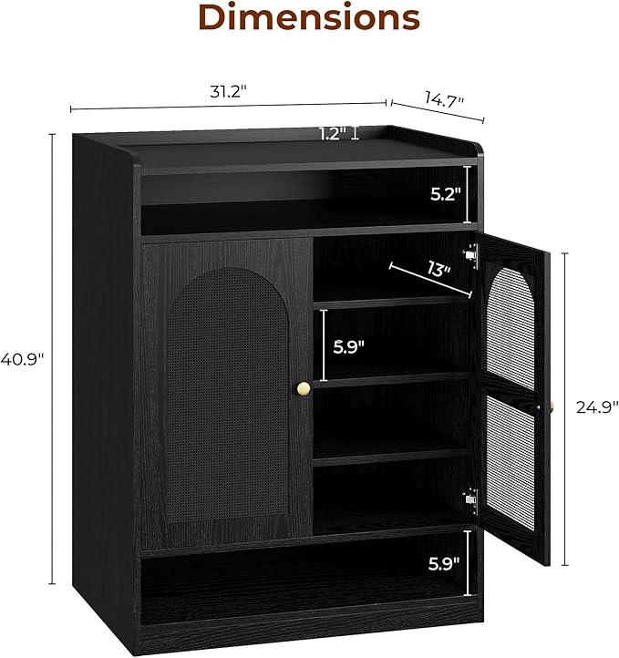 LIKIMIO Rattan Shoe Storage Cabinet with LED Light, 24 Pairs 6-Tier Shoe Cabinet Storage for Entryway with Adjustable Shelves, Farmhouse Shoe Rack Organizer for Hallway, Living Room, Black