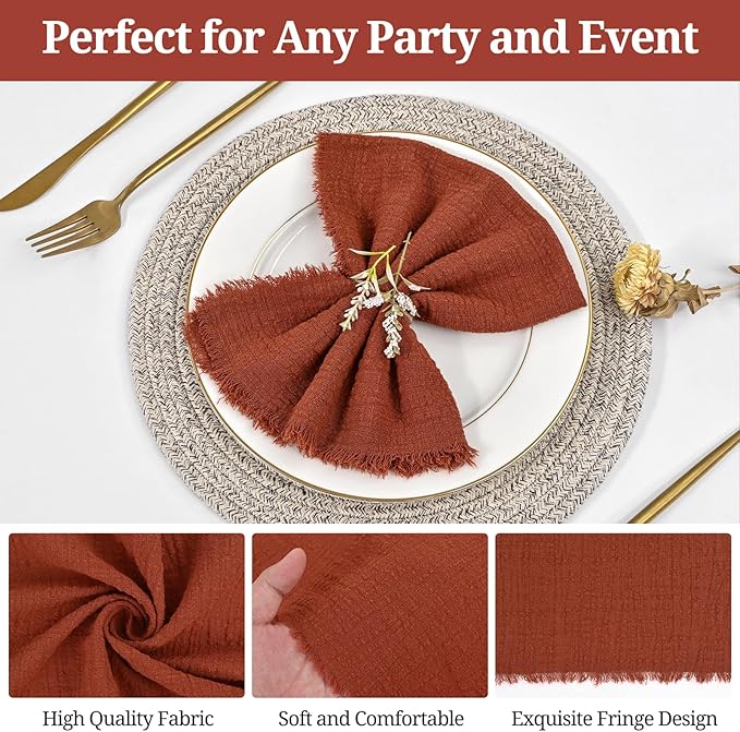 36 Pack Terracotta Napkins 16 x 16 Inch,Terracotta Linen Napkins Handmade Cotton with Fringe,Washable and Reusable Napkin,Soft Rustic Boho Fringe Napkin Cloth for Christmas,Dinners,Parties, Wedding