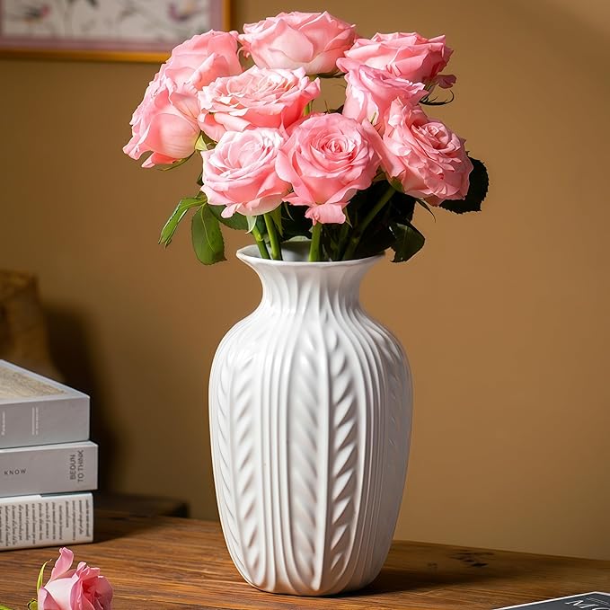 Lvases Matte White Ceramic Flower Vase, 10 Inch Unique Wheat Ear Textured Modern Large Vases for Trendy Home Decor Living Room Entryway Shelf Office Rustic Table Centerpiece (Matte White)