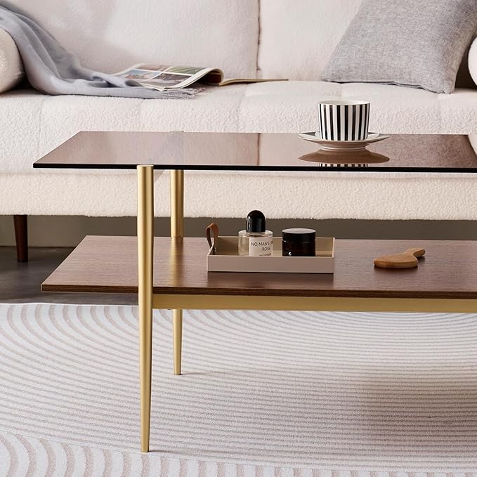 LumFurn Rectangle Coffee Table, Mid-Century Modern Design, L41 W21 x H17, for Living Room, 2-Tier Structure, Amber Glass Top and Walnut MDF Shelf, Sleek Conical Metal Legs with Gold Finish