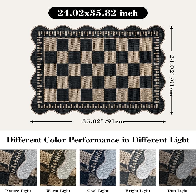 Checkered Easy Jute Entryway Rug, 2x3 Washable Non Slip Kitchen Rug, Indoor Outdoor Door Mat, Farmhouse Low Pile Floor Black Rugs for Porch Doorway