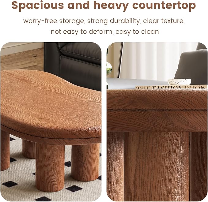 35.43" Wood Color Cloud Shape Coffee Table, Modern Round Edge Coffee Table with 4 Sturdy Support Legs and 2.28" Thick Tabletop,Easy Match for Living Room, Bedroom, Balcony,Patio
