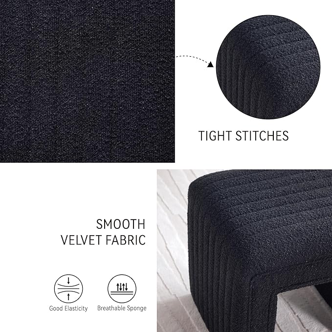 Get Set Style Vanity Stool Chair,Modern Boucle Ottoman Foot Stool with Wooden Legs Sofa Bench Footstool Extra Seat for Vanity,Makeup Room,Living Room,Entryway,Office (Fully Assembled) (Black)