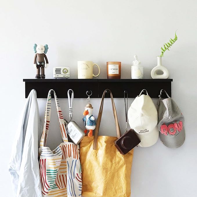 Entrance Coat Rack ，Coat Hooks, Wall-Mounted Wooden Hook Rack, Wall-Mounted Shelves are Very Suitable (Black Color Finish—A-2)
