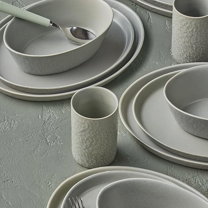 Stone Lain by Mercer Oval Stoneware 16-Piece Dinnerware Set, Light Grey