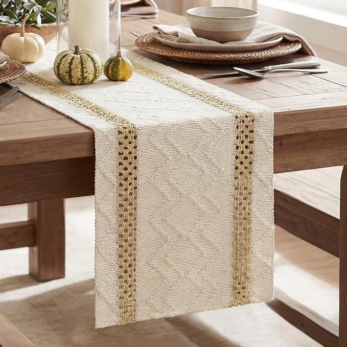 Artoid Mode Burlap Brown Stripe Woven Table Runner, Seasonal Holiday Hollow Kitchen Dining Table Decoration for Home Party Decor 12x36 Inch