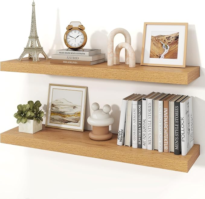 Floating Shelves for Wall, 9.3" Deep Wall Mounted Wood Shelves for Bathroom, Bedroom, Living Room, Kitchen, Hanging Shelf for Books/Storage/Room Decor (Oak, 36")