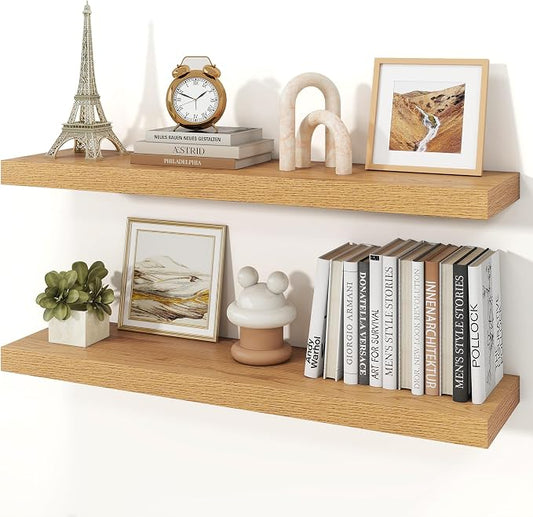 Floating Shelves for Wall, 9.3" Deep Wall Mounted Wood Shelves for Bathroom, Bedroom, Living Room, Kitchen, Hanging Shelf for Books/Storage/Room Decor (Oak, 36")