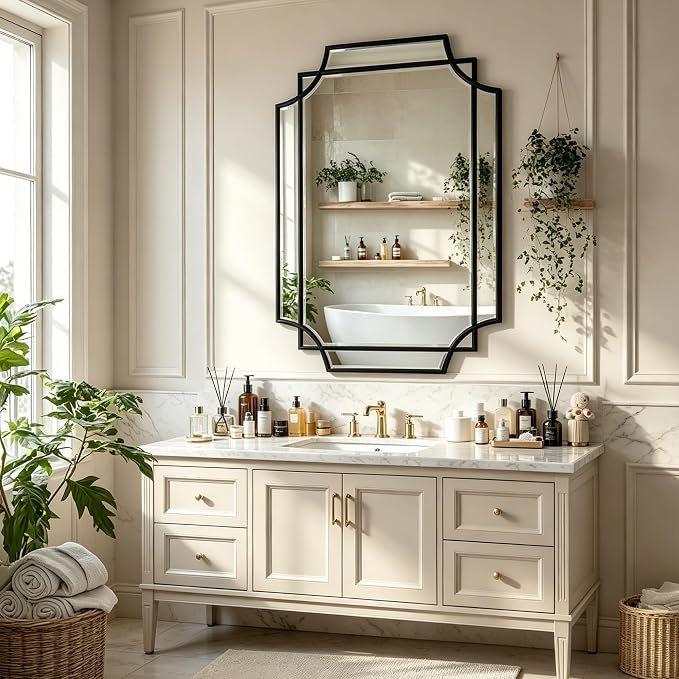 Geometric Beveled Mirror, 36" x 24" Ornate Art Deco Mirror with Wood Frame, Rectangle Accent Wall Mirror for Bathroom, Entryway, Living Room, Bedroom, Horizontal or Vertical Hanging