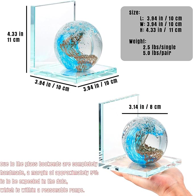 Book Ends for Shelves, Glass Bookends with Light Blue Glass Hand Blown Sea Wave Ball, Non Skid Sturdy Decorative Bookends for Ocean Lovers, Heavy Books, Office, Set of 2