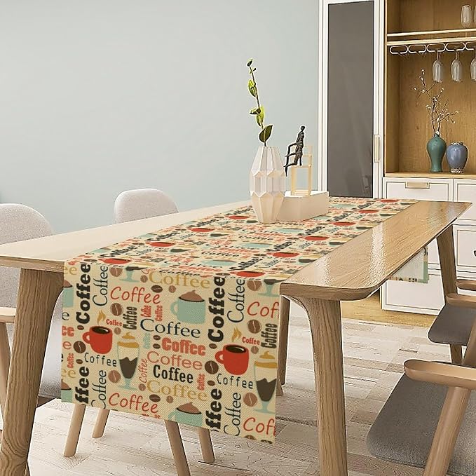 Table Runner Rectangle Various Coffee Elements Printed Pattern for Dining Room, Kitchen, Living Room, Outdoor,Holiday and Party Table Decor 13x70 Inch