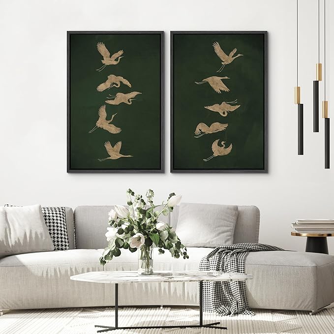 SIGNWIN Framed Canvas Print Wall Art Set Golden Cranes in Flight on Deep Green Illustrations Modern Art Rustic Colorful Ultra for Living Room, Bedroom, Office - 24"x36"x2 Black