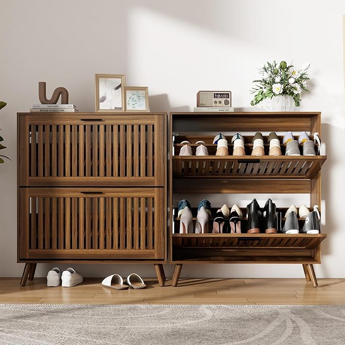 Spaco Walnut Shoe Cabinet with 2 Flip Drawers for Entryway,Narrow Shoe Storage Cabinet with Solid Wood Leg,Freestanding Slim Shoe Organizer for Hallway