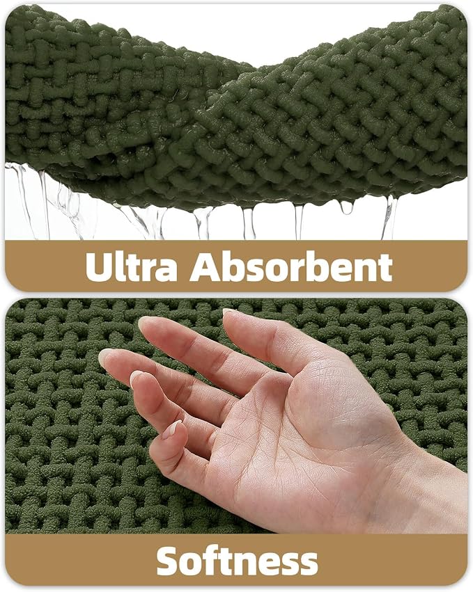 Color&Geometry Rubber Backed Waffle Bath Mat 30x17, Non Slip Water Washable Bathroom Rugs, Soft Absorbent Chenille Boho Carpet for Bathroom Floor, Tub and Shower, Green