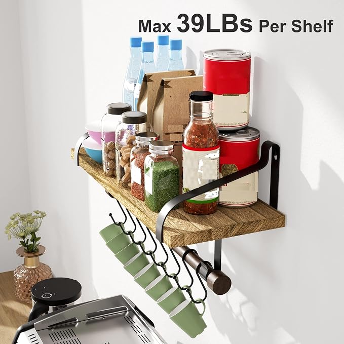 Love-KANKEI Floating Shelves Wall Mounted Set of 2, L17.3 x W7.3 Inch Storage Shelves with Wood Bar and 8 Removable Hooks for Kitchen, Coffee Bar,Bathroom, Bedroom, Living Room Carbonized Black