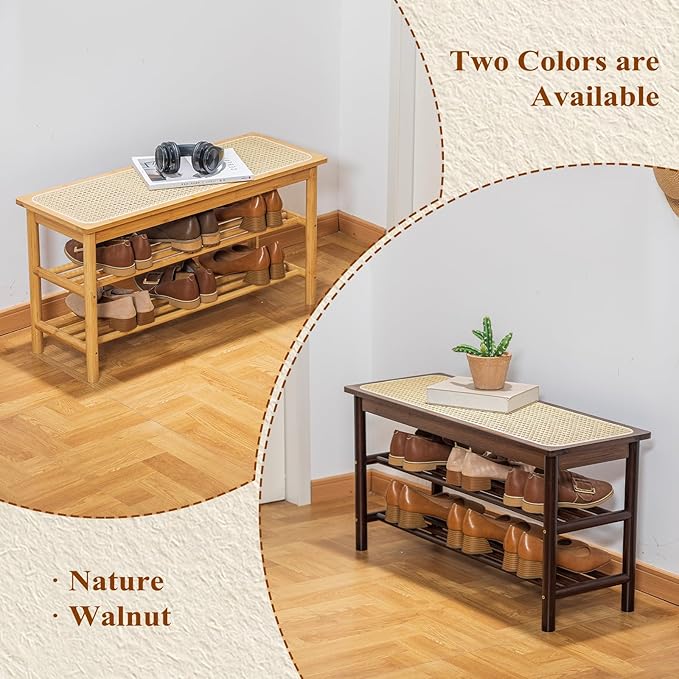 Bamboo Entryway Bench with Woven Rattan Seat, 2-Tier Shoe Storage Bench for Hallway & Entryway, 23.62 inches Walnut