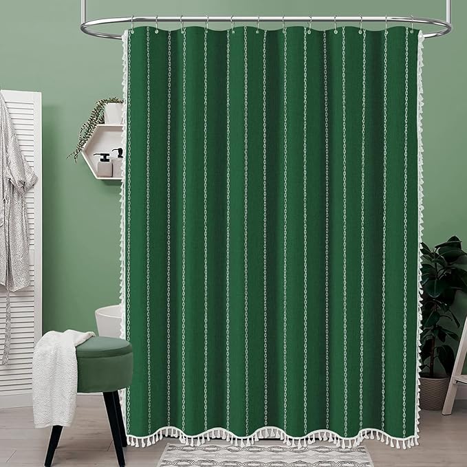 BTTN Extra Long Shower Curtain, 72x96 Long Striped Boho Chic Linen Fabric Heavy Duty Shower Curtain with Hooks, Tall Bohemian Farmhouse Luxury Tassel Cloth Shower Curtain for Bathroom, Emerald Green