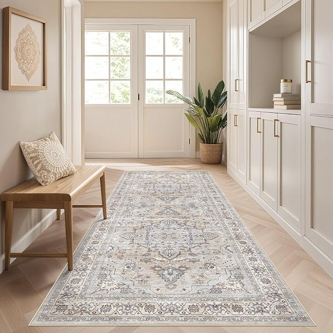 Runner Rug Kitchen Washable Rugs: 2x6 Non-Slip Boho Soft Vintage Stain Resistant Indoor Floor Neutral Farmhouse Throw Carpet for Hallway Bathroom Laundry Room Entryway Bedroom- Ivory Gray