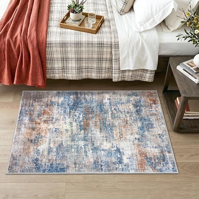 IOHOUZE Abstract Area Rug 3x4 Ft Washable Rugs for Entryway Indoor, Non Slip Kitchen Rug Printed Faux Wool Throw Rugs, Indoor Door Mat for Door Entrance Foyer Living Room, Blue Rust
