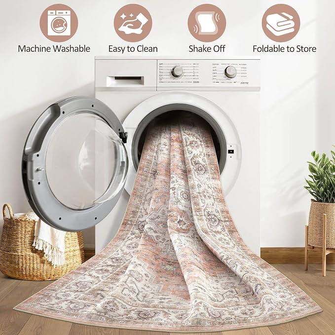 6x9 Area Rugs Living Room: Washable Boho Large Neutral Vintage Soft Rug Stain Resistant Farmhouse Non-Slip Indoor Floor Retro Carpet for Bedroom Nursery Kids Office Dining Room- Pink Brown