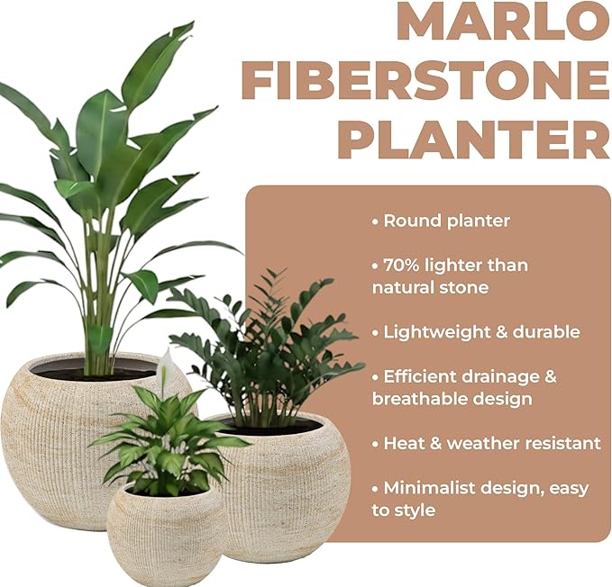 Marlo Fiberstone Round Planter (14.6" Pot Opening x 21.3" D x 16.5" H) Ribbed Finish, Lightweight, Durable, UV Resistant, Modern Home Decor, Indoor Outdoor Pot (L, Ribbed Travertine Beige)