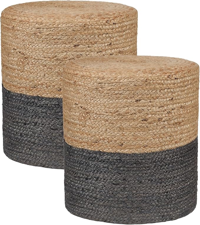 REDEARTH · Cylindrical Pouf Foot Stool Ottoman - Jute Braided Pouffe Poof Accent Sitting Footrest for Living Room, Bedroom, Nursery, Patio, Lounge - Set of 2 (14.5”X14.5”X16”; Natural Gray)