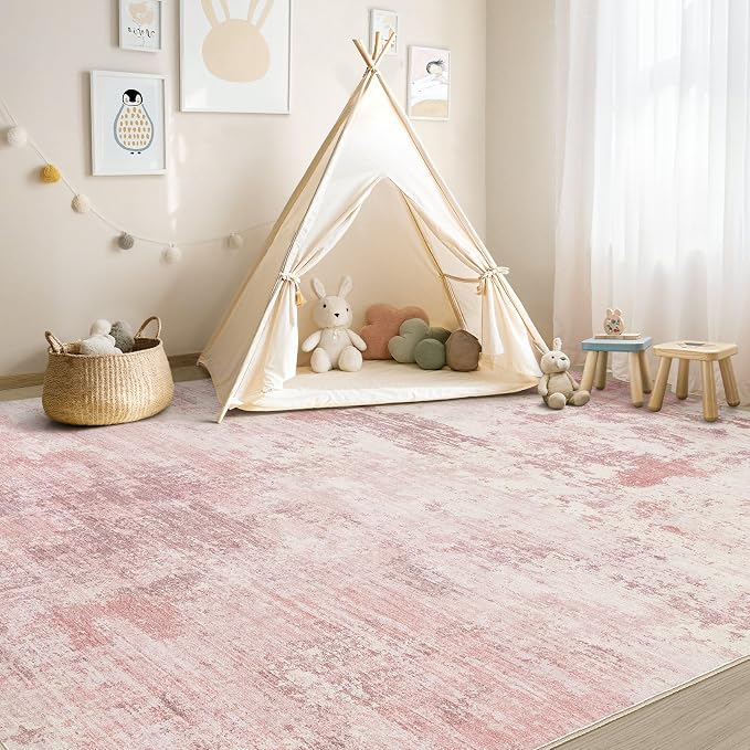 UERMEI 5x7 Area Rug Living Room Rugs - Washable Neutral Modern Abstract Soft Thin Large Rug Indoor Floor No Slip Rug Carpet for Bedroom Under Dining Table Home Office Decor - Pink