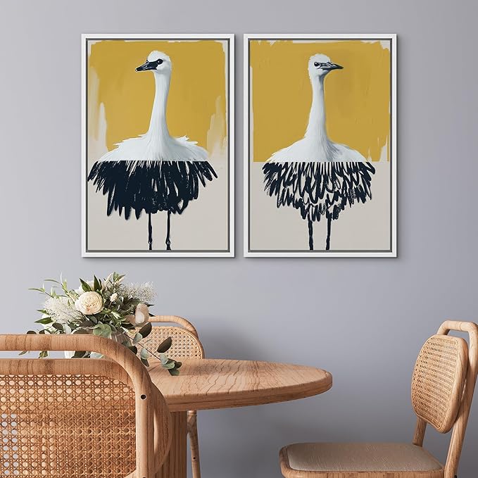 SIGNWIN Framed Canvas Print Wall Art Set Minimalist Crane Portrait Modern Bird Illustrations Modern Art Rustic Minimal for Living Room, Bedroom, Office - 24"x36"x2 White
