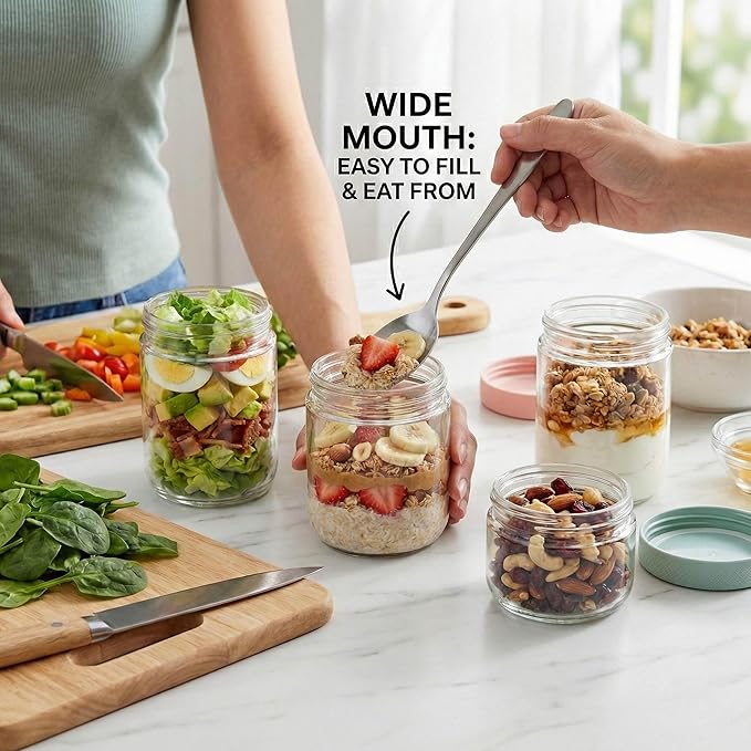 JBHO 6-pack 16 oz Overnight Oats Containers with Lids, Glass jars with Airtight Lids, Wide mouth Mason Salad jars, Glass Food Storage Containers for Snacks Yogurt Spice Sugar