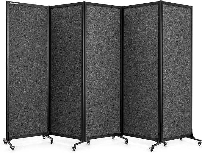 Upgrade Version Room Partition and Divider, Freestanding Rolling Dividers with Wheels,Office Privacy Screen Divider Wall,Classroom Felt Dividers,10'6"L* 6'7"H,5 Panel，Dark Grey